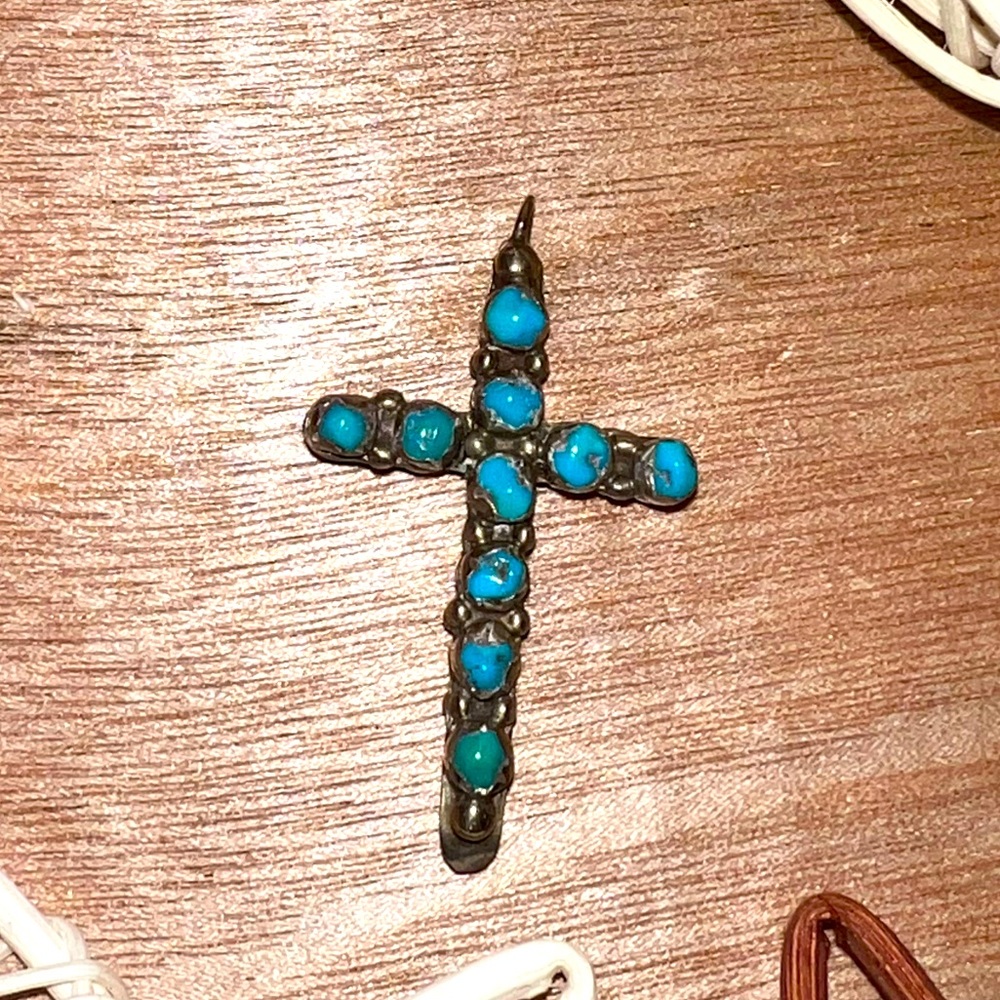 Vtg Double Sided Cross- Turquoise/Coral Sterling- - image 1